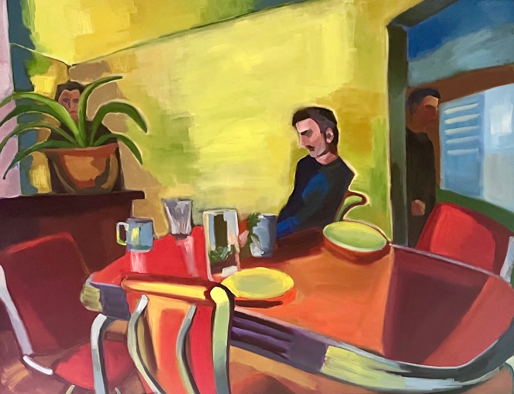Hypercolor painting of 3 guys within an interior scene