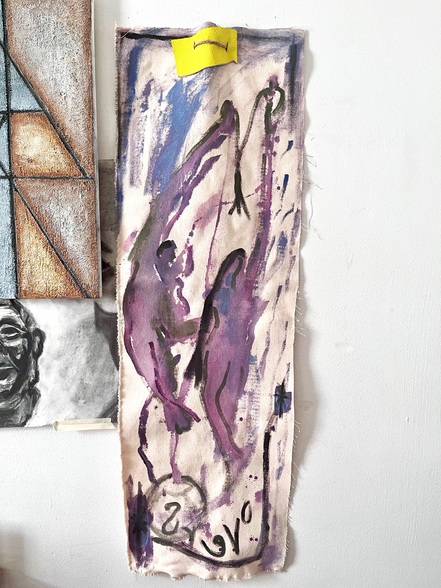 Long raw canvas loosely painted with lavender lovers painting