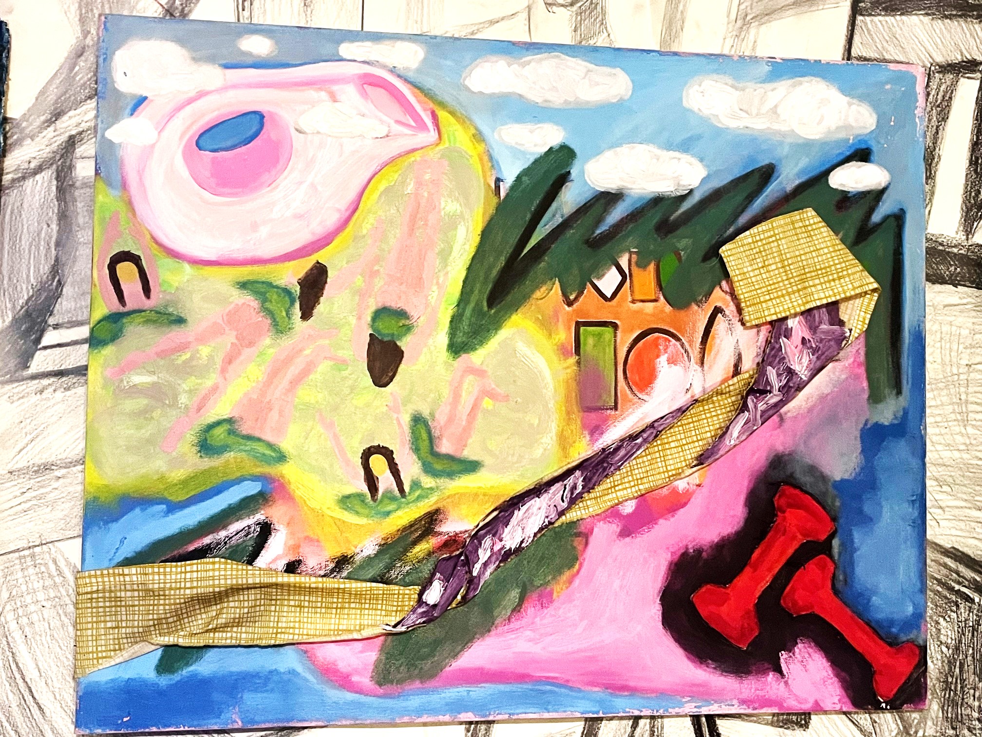 Painting of whimsy bathers scene in bright colors with collage fabric