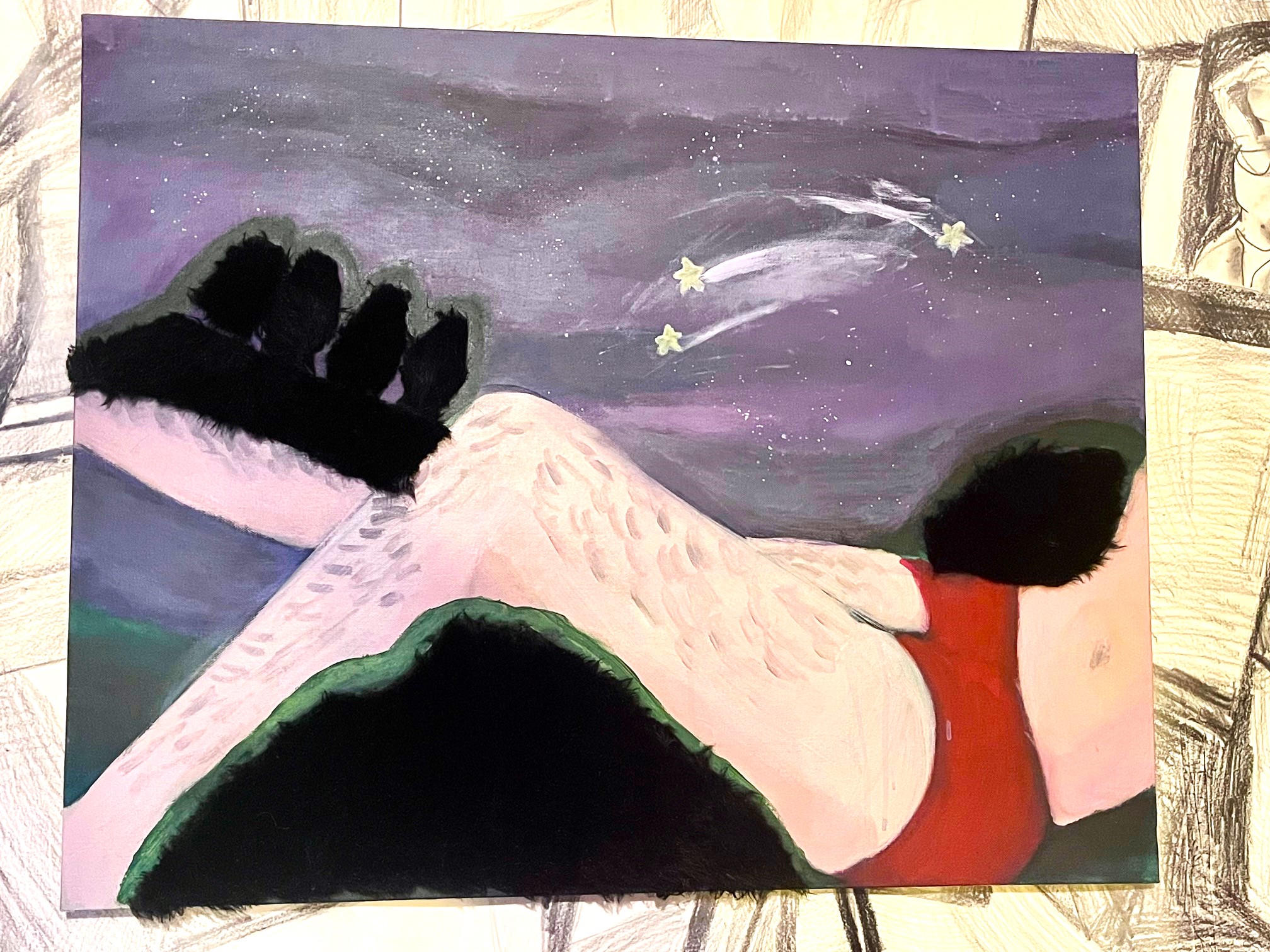 Painting of whimsy nightscape hills with a figure's legs in the hills