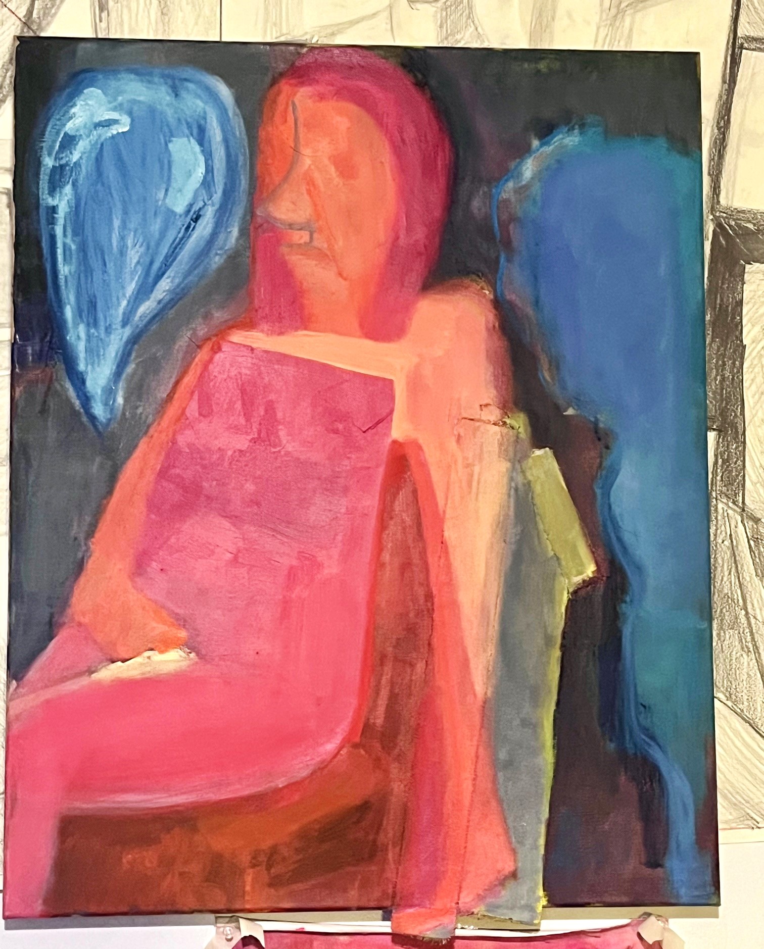 Colorful painting of abstracted seated pink female figure with blue ghost forms