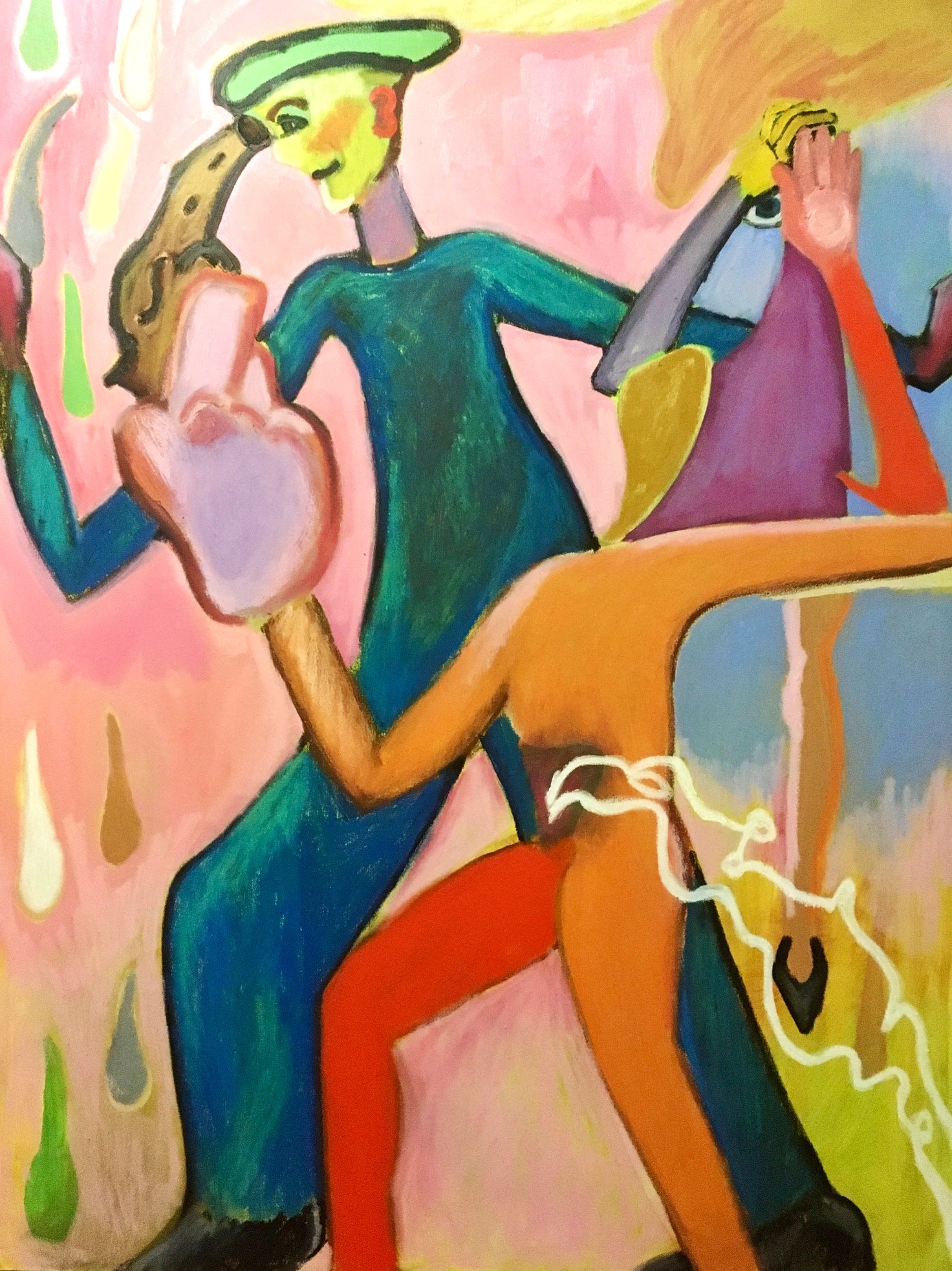Colorful painting of three imagined, entwined figures