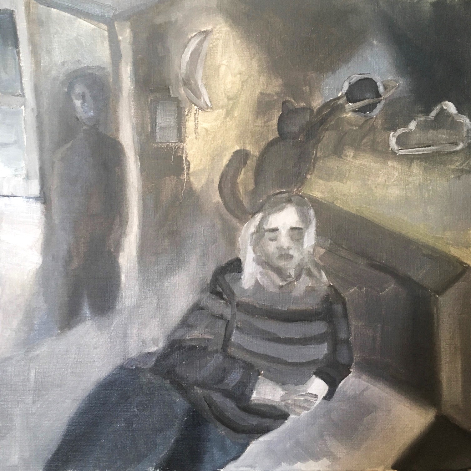 Painting of a girl in bed with her cat in greyscale