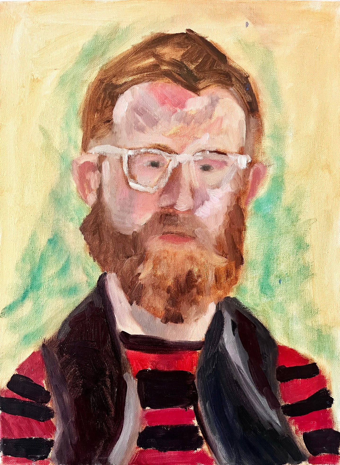 Portrait painting of a ginger haired man in black and red stripes