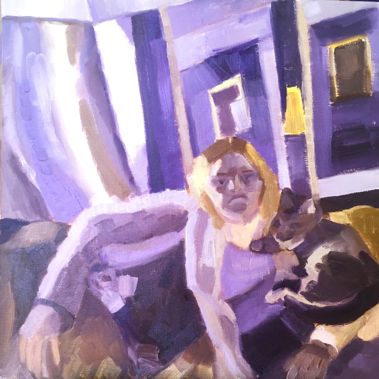 Painting of a woman with her cat on the couch in violets