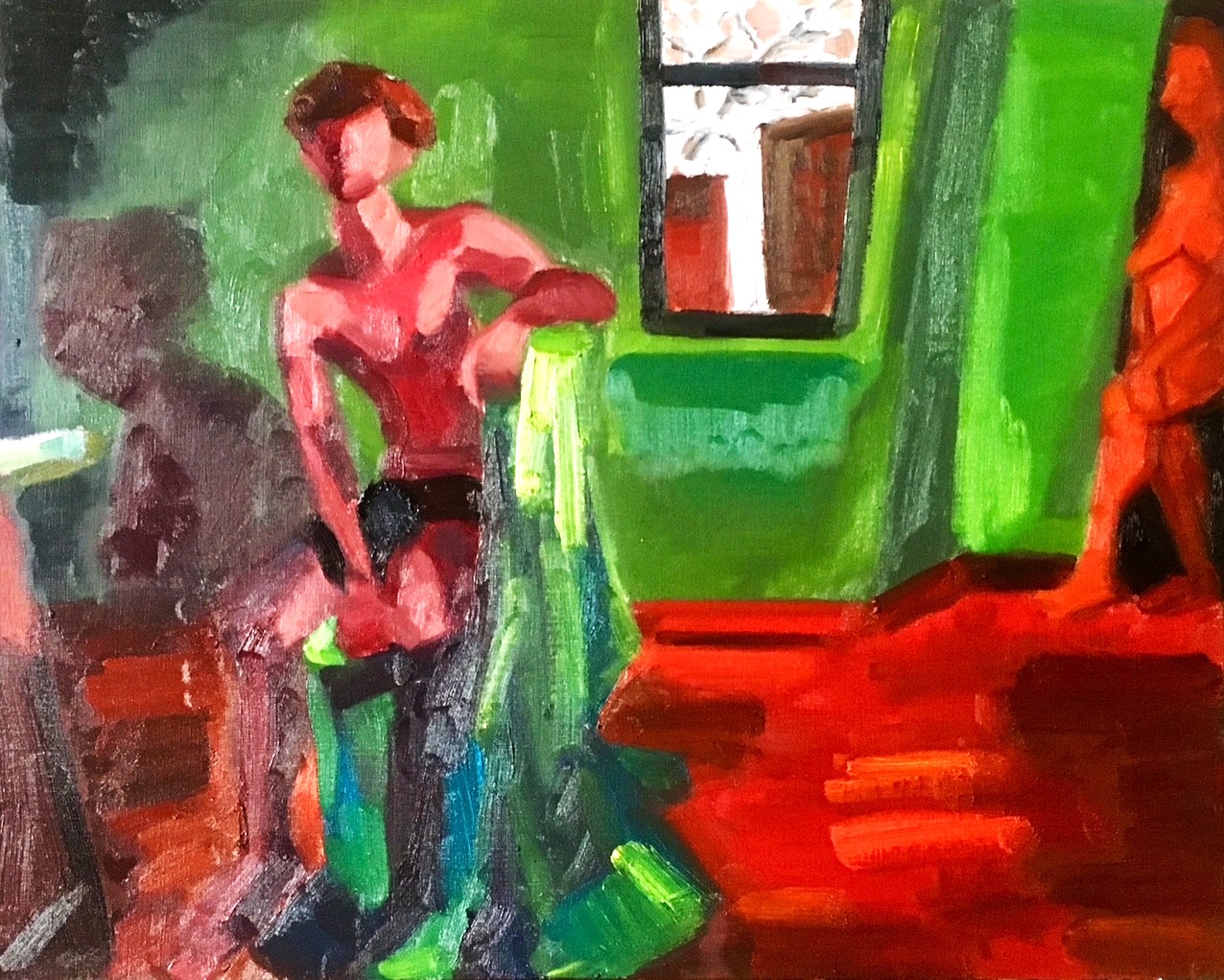 Seated male figure painting in bright colored interior