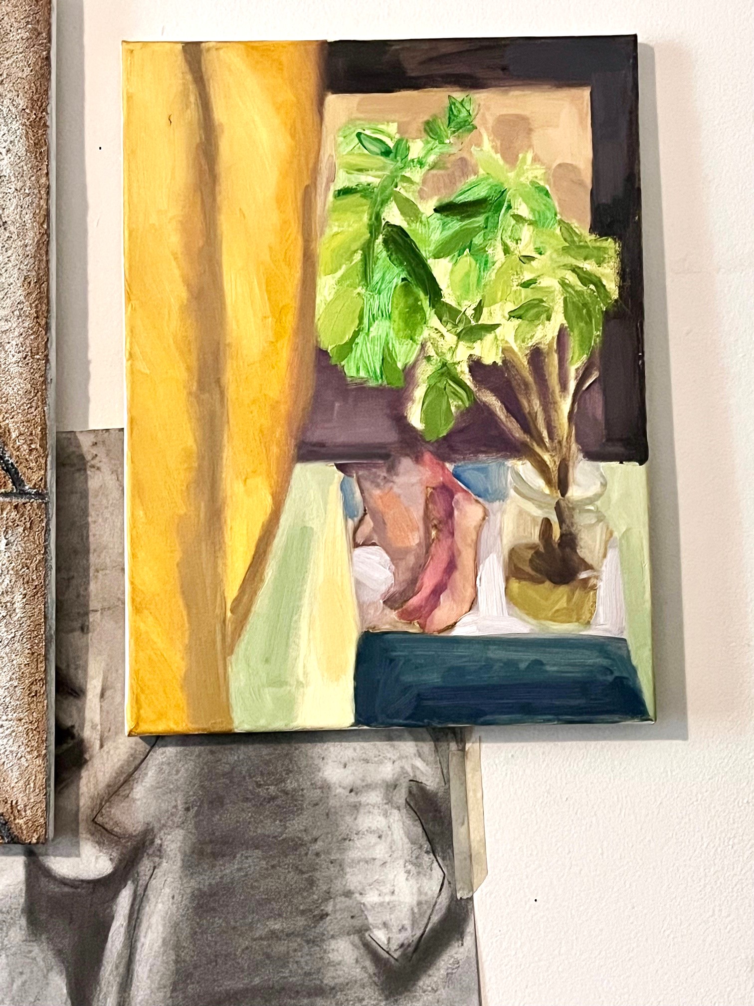 Painting of a basil plant on windowsill with a gold curtain