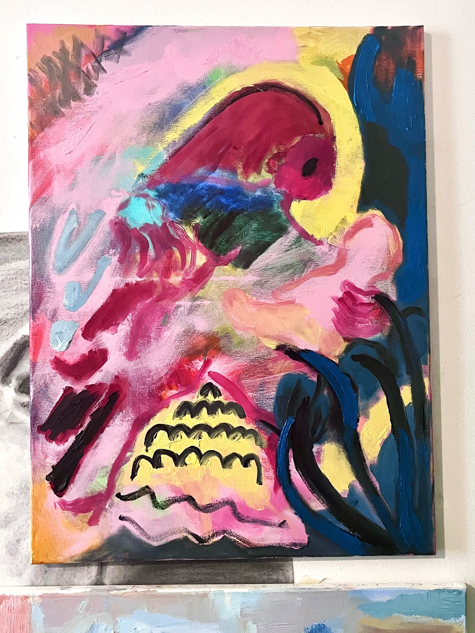 Mostly pink loosely rendered imagined mother holding her baby