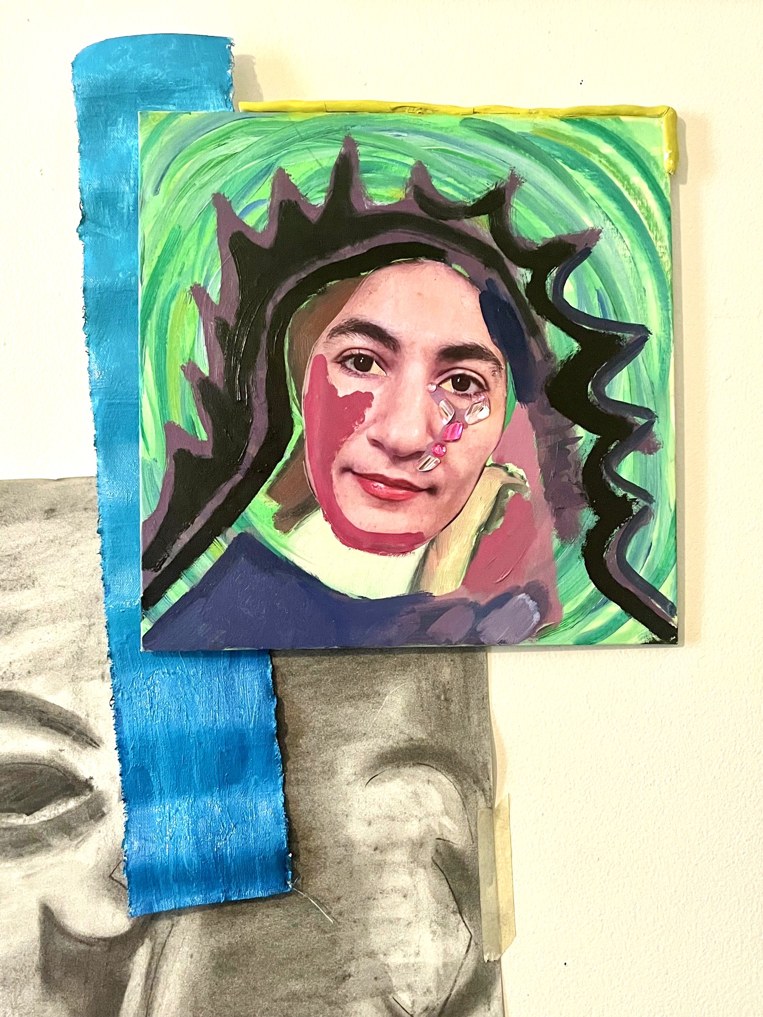 Portrait photo collage painting of the artist on a green vortex background