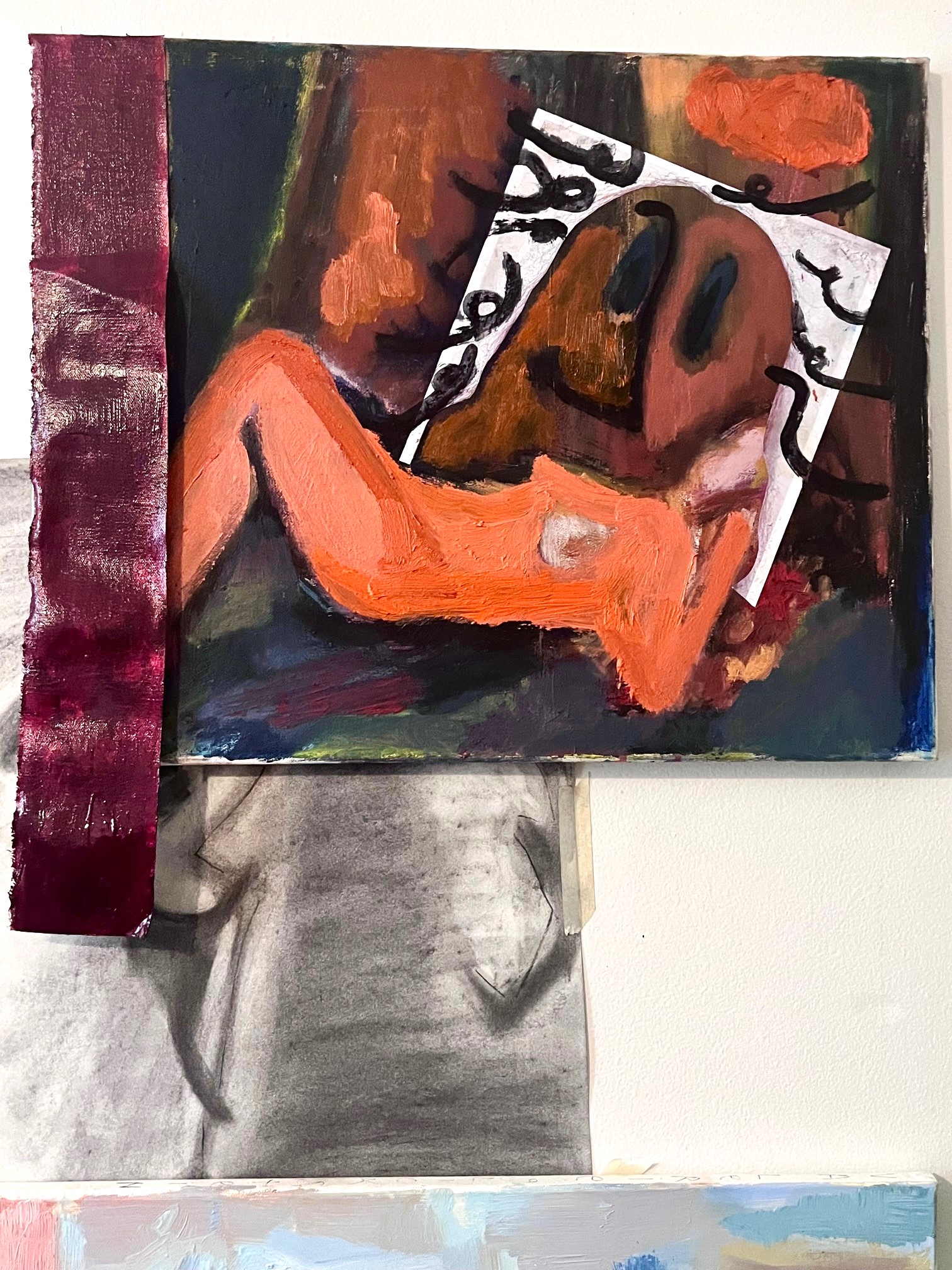 Painting of a recling orange-toned nude figure with a big cartoon head