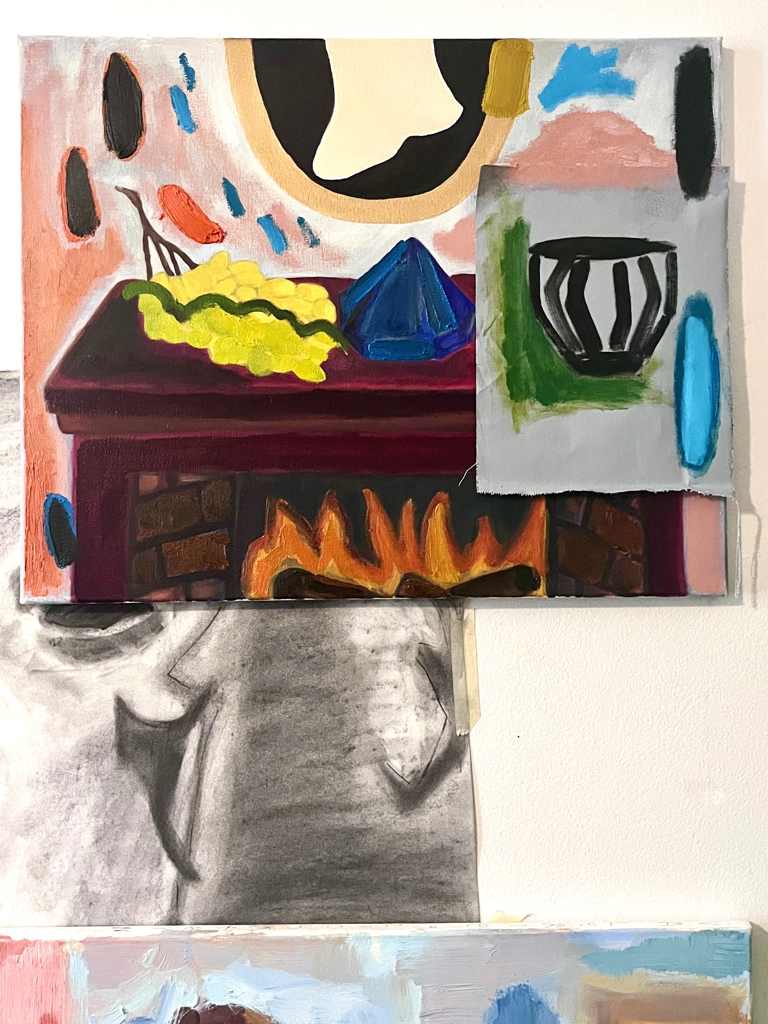 Fauve naive style fireplace mantle still life painting