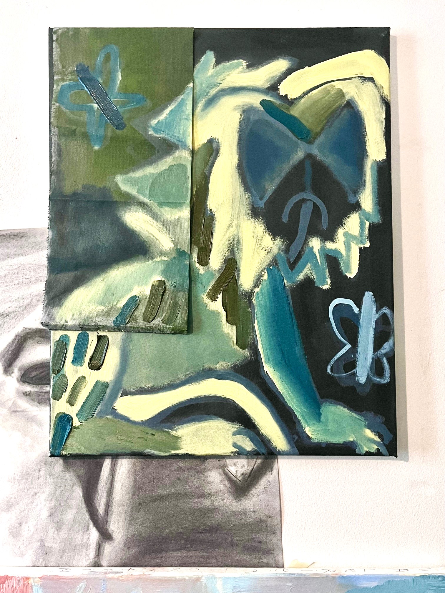 Painting of a bug/lion in mostly mossy tones