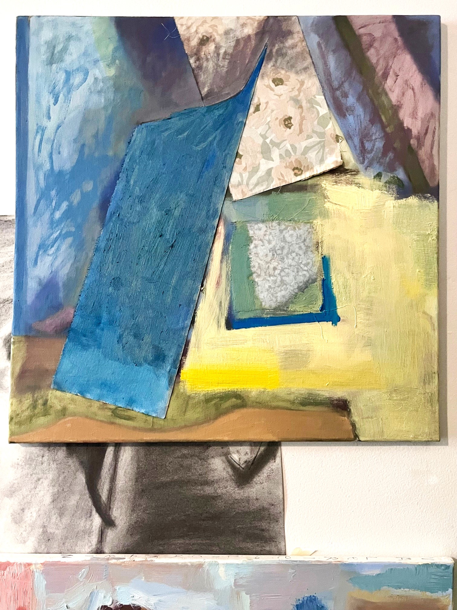 Abstract oil paint and cut canvas collage painting in muted pastel tones