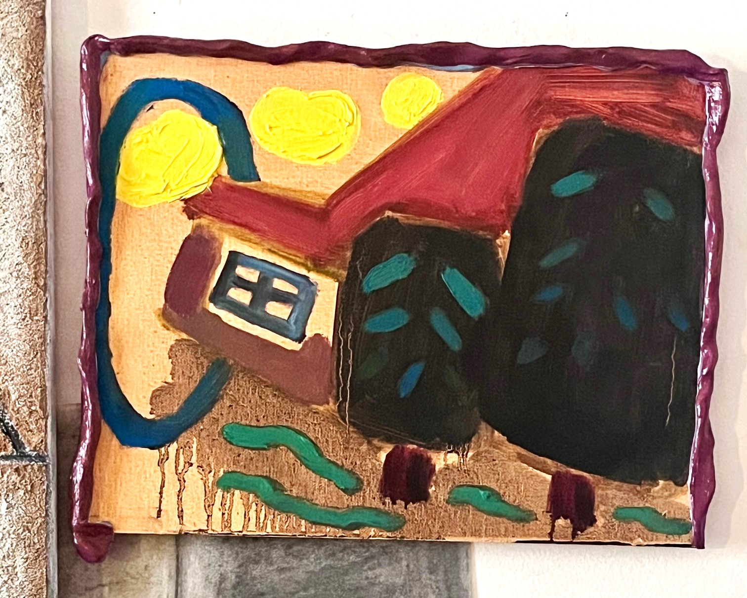 Oil painting of rust-roofed house with black shrubs in front, yellow clouds, and an infinity ring of blue to go into