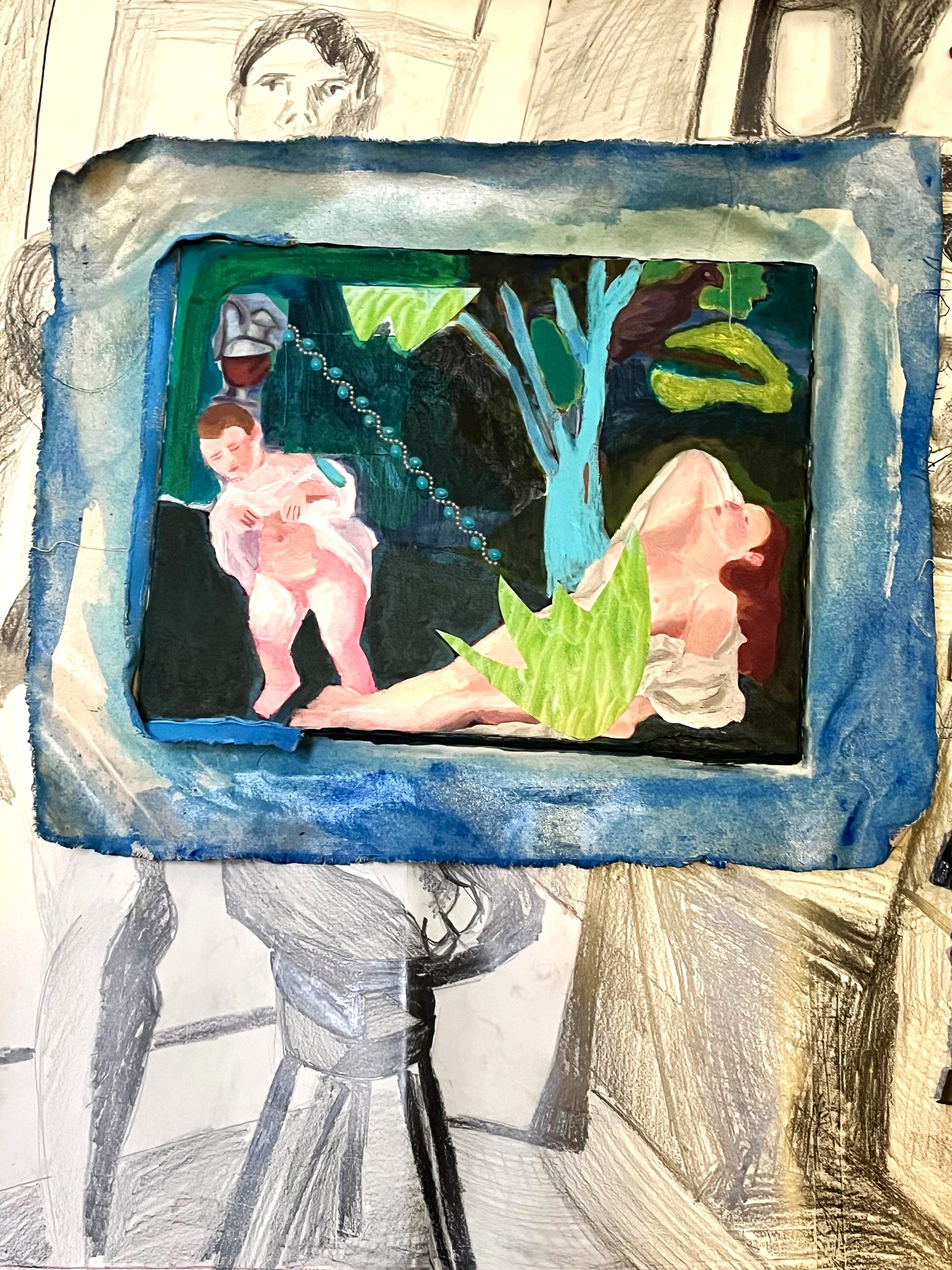 Mostly blue and green landscape painting with nude female lounger and little nude boy balancing a jug on his head