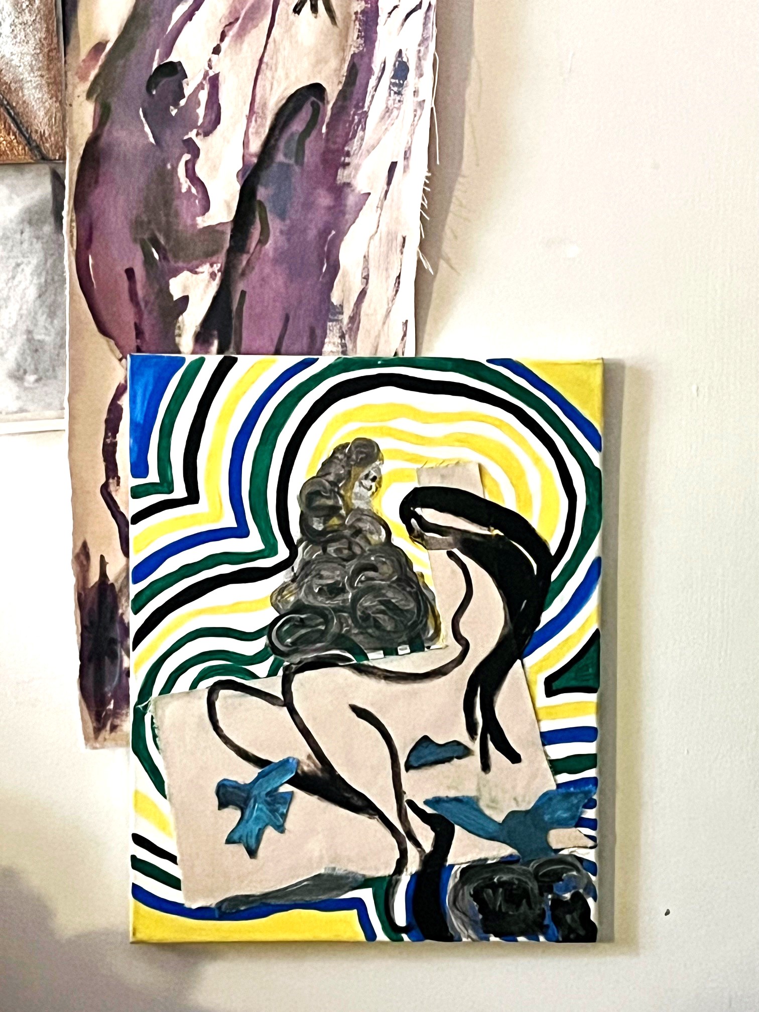 Naive simply rendered female figure in black line with a metallic shadow goober amid a swirling blue green yellow background w collage canvas and painted bird shapes