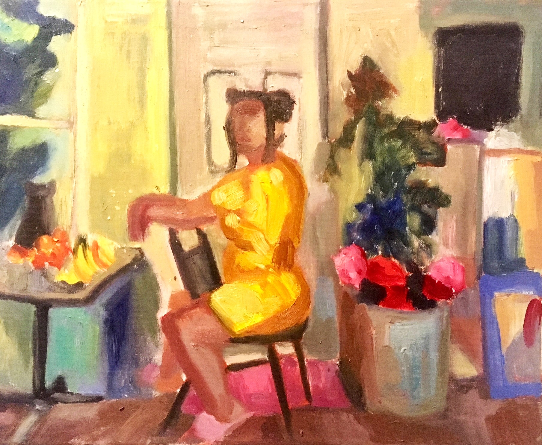 Colorful kitchen scene with a girl seated in a golden dress