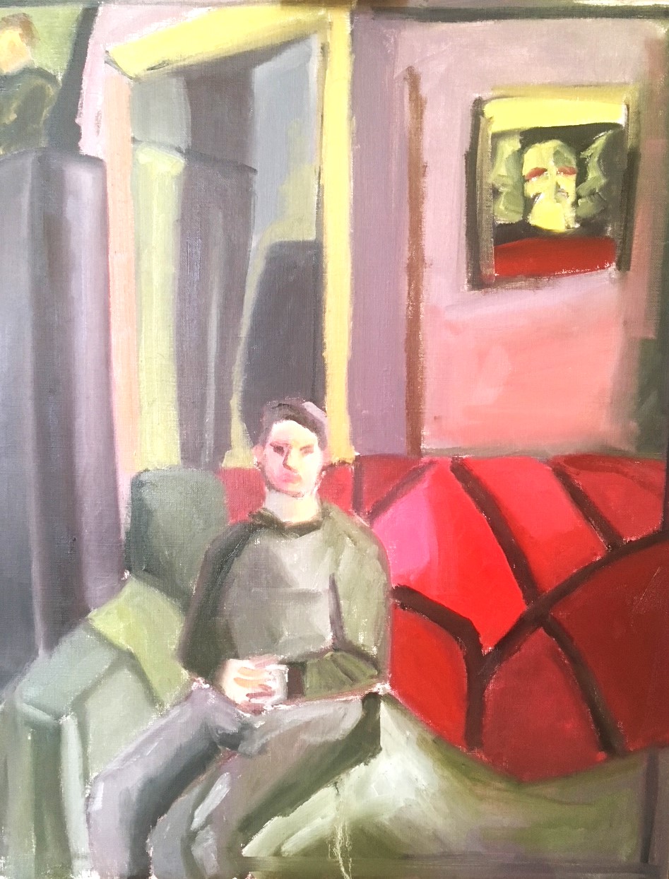 Painting of a male seated on a red couch