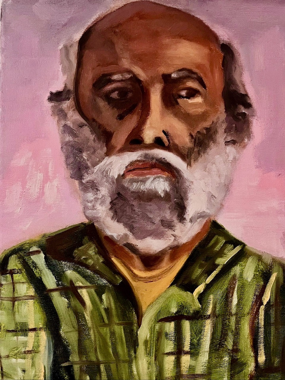 Portrait painting of an older man in a green plaid shirt