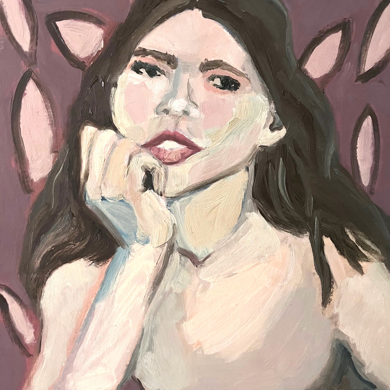 Female portrait painting in pale violets
