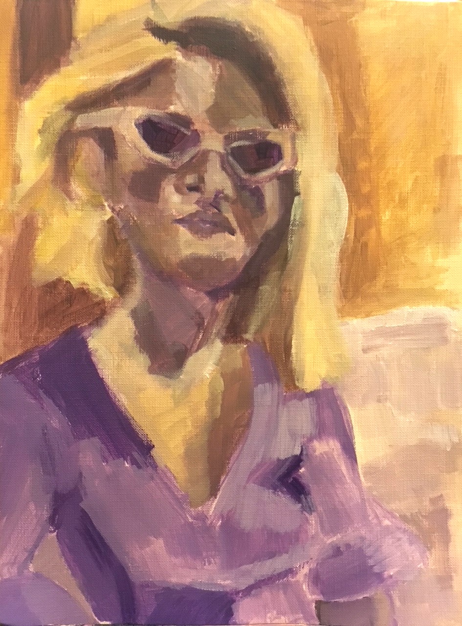 Portrait of a blond woman in yellow and violet