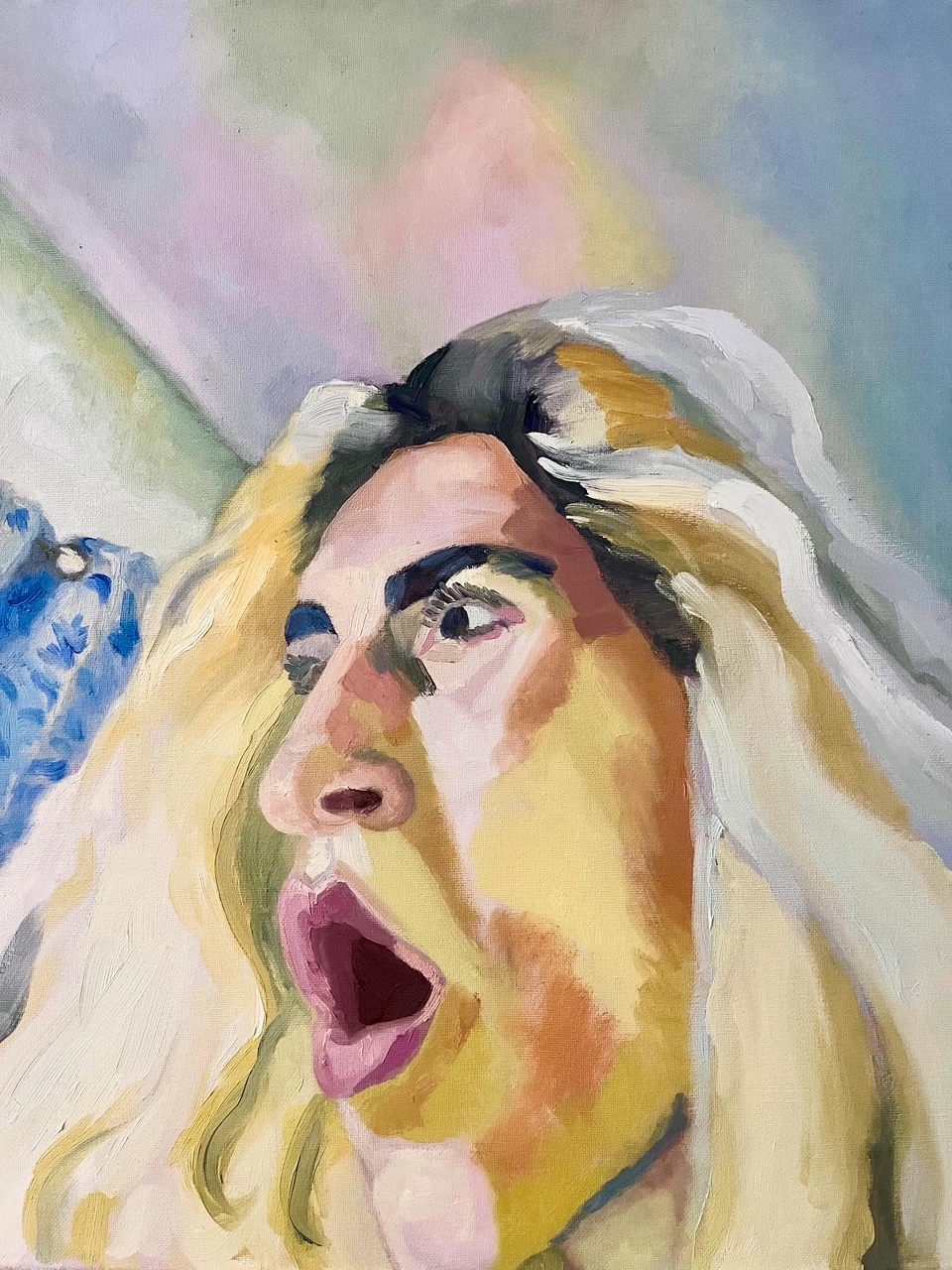 Female portrait painting of a blond (me, blond) with open mouth